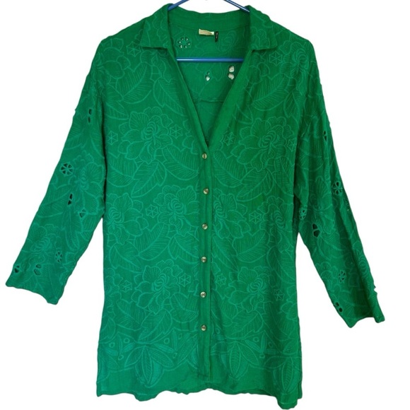 Anthropologie Kelly Green Floral Embroidered Tunic Top 3/4 Sleeves - Picture 3 of 15